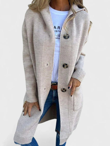 Effortless Grey Knit Cardigan for Women with Collared Long Sleeve Button Front Oversized Pockets Casual Style