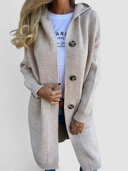 Effortless Grey Knit Cardigan for Women with Collared Long Sleeve Button Front Oversized Pockets Casual Style