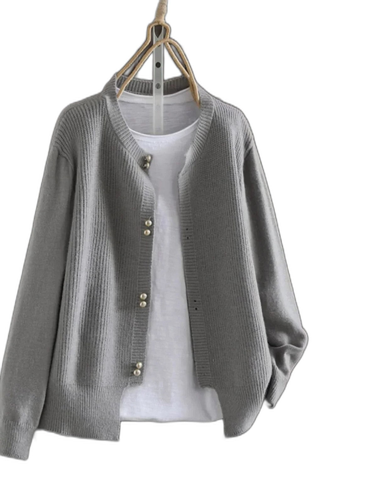 Effortless Grey Knit Cardigan Sweater for Women with Crew Neck Long Sleeve Button Front Casual Style
