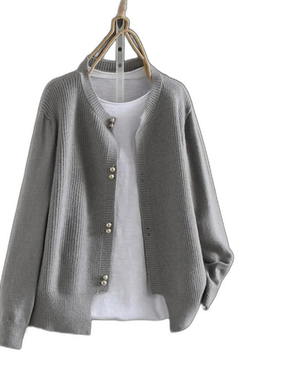 Effortless Grey Knit Cardigan Sweater for Women with Crew Neck Long Sleeve Button Front Casual Style