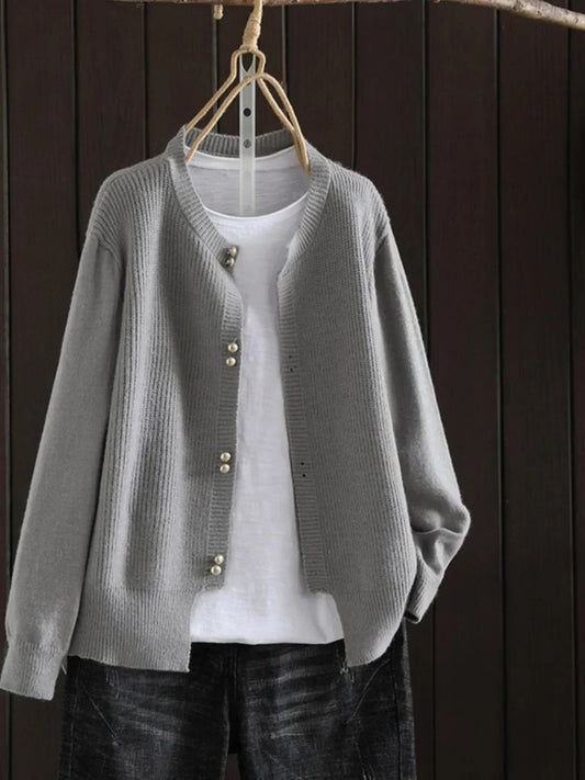 Effortless Grey Knit Cardigan Sweater for Women with Crew Neck Long Sleeve Button Front Casual Style