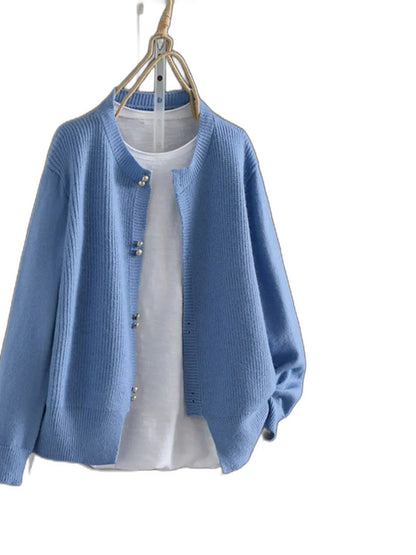Effortless Grey Knit Cardigan Sweater for Women with Crew Neck Long Sleeve Button Front Casual Style
