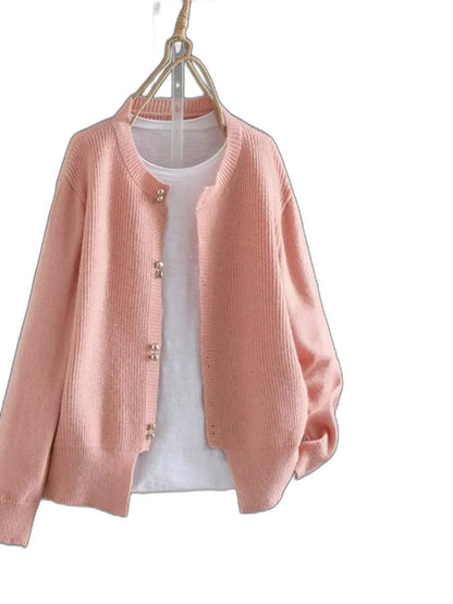 Effortless Grey Knit Cardigan Sweater for Women with Crew Neck Long Sleeve Button Front Casual Style