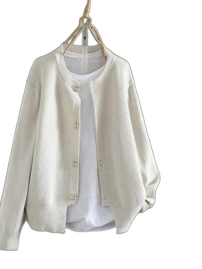 Effortless Grey Knit Cardigan Sweater for Women with Crew Neck Long Sleeve Button Front Casual Style
