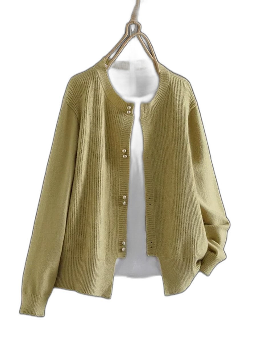 Effortless Grey Knit Cardigan Sweater for Women with Crew Neck Long Sleeve Button Front Casual Style