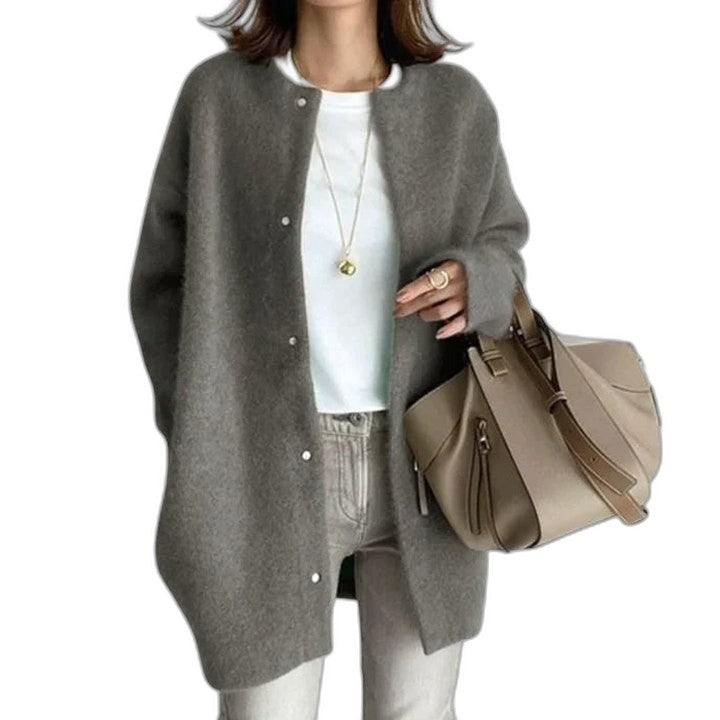 Effortless Grey Knit Cardigan Sweater for Women with Crew Neck Long Sleeve Button Front Oversized Casual Style