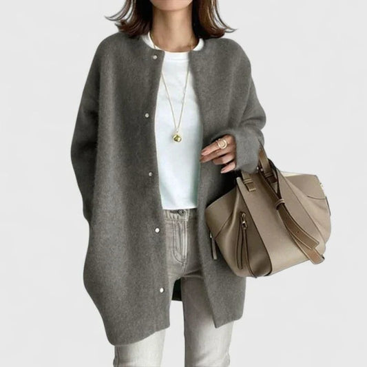 Effortless Grey Knit Cardigan Sweater for Women with Crew Neck Long Sleeve Button Front Oversized Casual Style