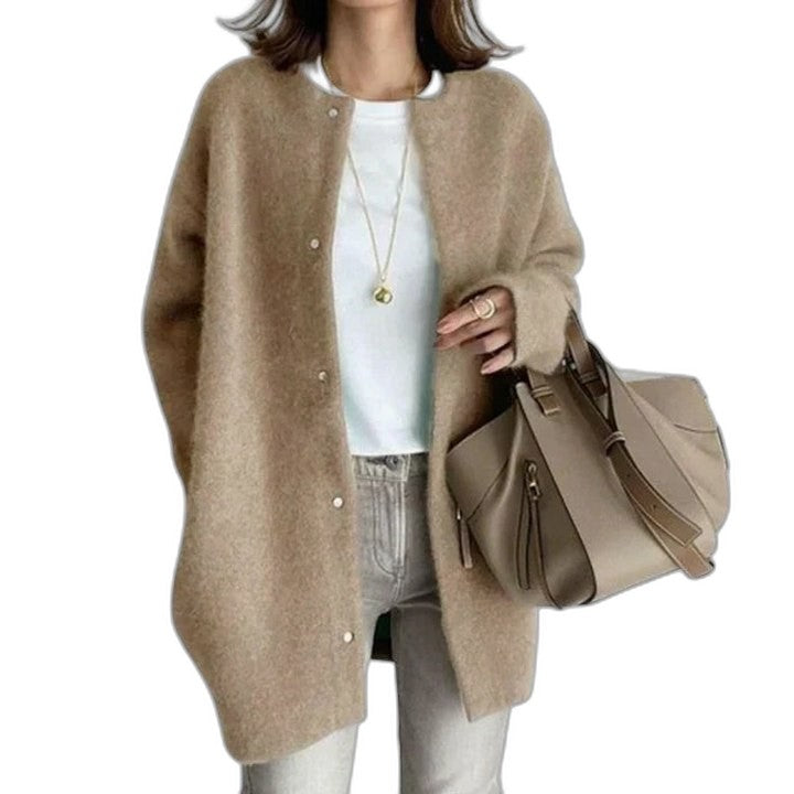 Effortless Grey Knit Cardigan Sweater for Women with Crew Neck Long Sleeve Button Front Oversized Casual Style
