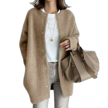 Effortless Grey Knit Cardigan Sweater for Women with Crew Neck Long Sleeve Button Front Oversized Casual Style