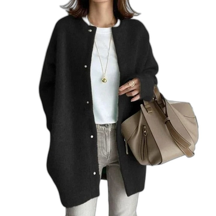 Effortless Grey Knit Cardigan Sweater for Women with Crew Neck Long Sleeve Button Front Oversized Casual Style