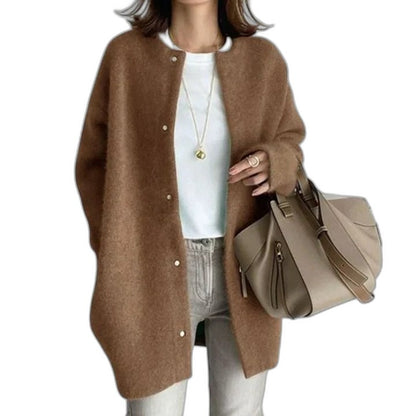 Effortless Grey Knit Cardigan Sweater for Women with Crew Neck Long Sleeve Button Front Oversized Casual Style