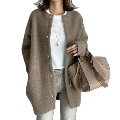 Effortless Grey Knit Cardigan Sweater for Women with Crew Neck Long Sleeve Button Front Oversized Casual Style