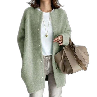 Effortless Grey Knit Cardigan Sweater for Women with Crew Neck Long Sleeve Button Front Oversized Casual Style