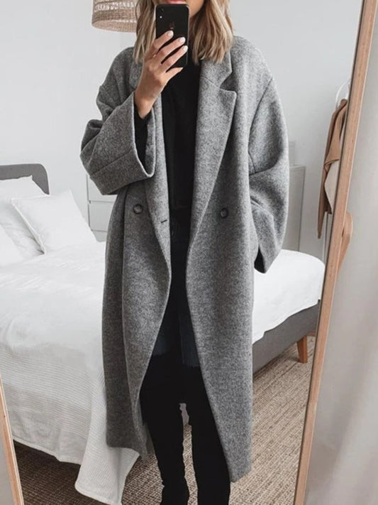 Effortless Grey Knit Coat for Women with Collared Long Sleeve Oversized Casual Style
