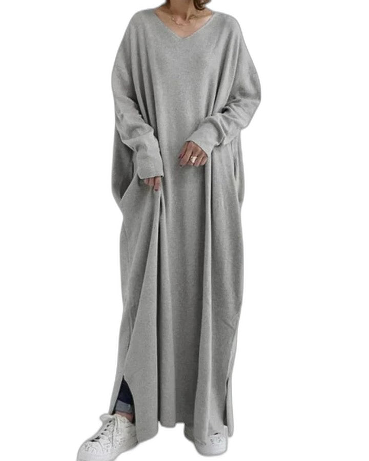 Effortless Grey Knit Maxi Dress for Women with V Neck Long Sleeve Flowing Oversized Casual Style