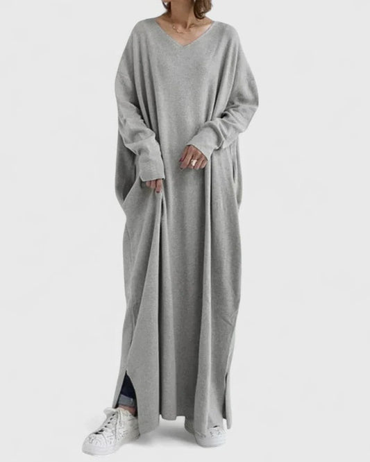 Effortless Grey Knit Maxi Dress for Women with V Neck Long Sleeve Flowing Oversized Casual Style