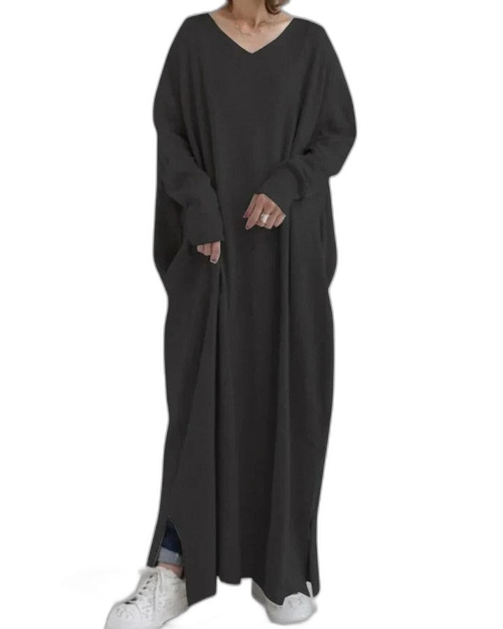 Effortless Grey Knit Maxi Dress for Women with V Neck Long Sleeve Flowing Oversized Casual Style