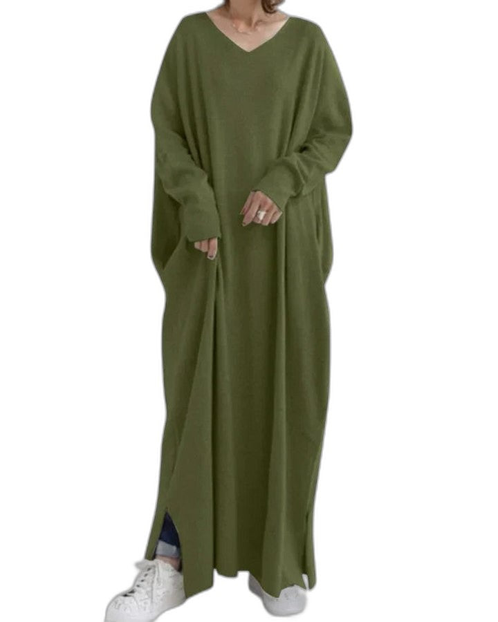 Effortless Grey Knit Maxi Dress for Women with V Neck Long Sleeve Flowing Oversized Casual Style