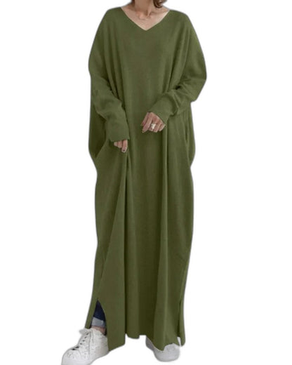 Effortless Grey Knit Maxi Dress for Women with V Neck Long Sleeve Flowing Oversized Casual Style