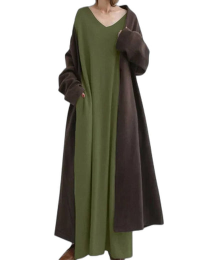 Effortless Grey Knit Maxi Dress for Women with V Neck Long Sleeve Flowing Oversized Casual Style