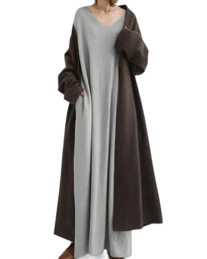 Effortless Grey Knit Maxi Dress for Women with V Neck Long Sleeve Flowing Oversized Casual Style