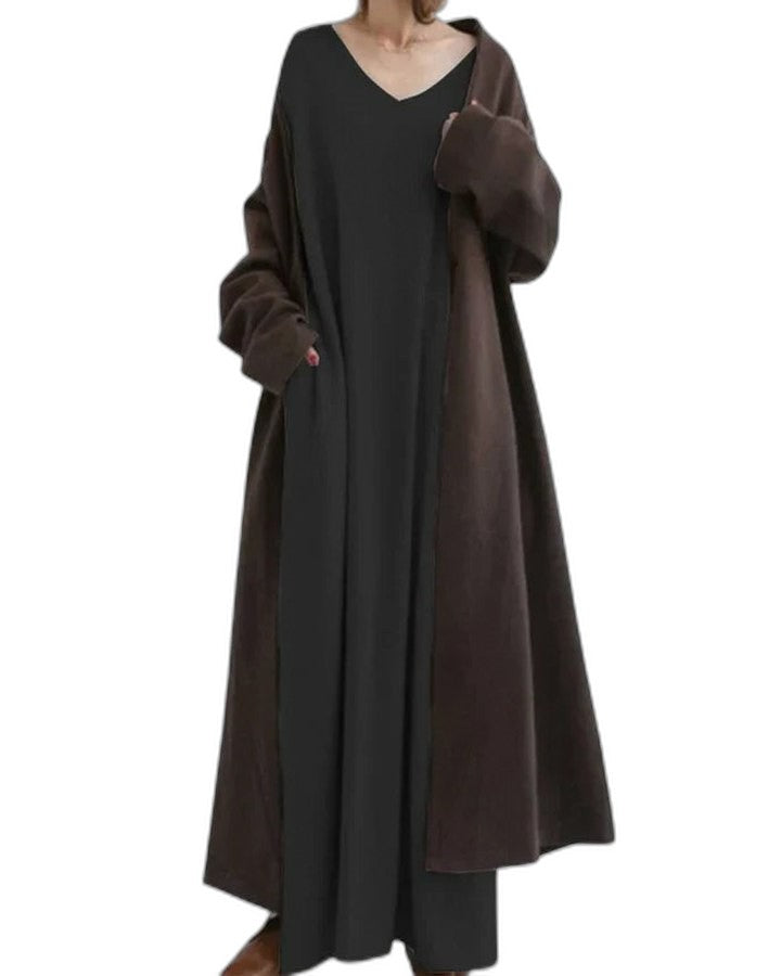 Effortless Grey Knit Maxi Dress for Women with V Neck Long Sleeve Flowing Oversized Casual Style