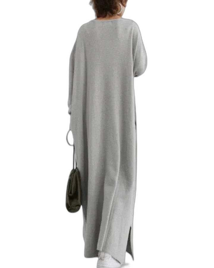 Effortless Grey Knit Maxi Dress for Women with V Neck Long Sleeve Flowing Oversized Casual Style