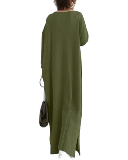 Effortless Grey Knit Maxi Dress for Women with V Neck Long Sleeve Flowing Oversized Casual Style