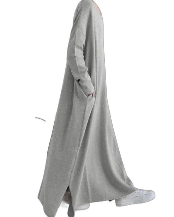 Effortless Grey Knit Maxi Dress for Women with V Neck Long Sleeve Flowing Oversized Casual Style