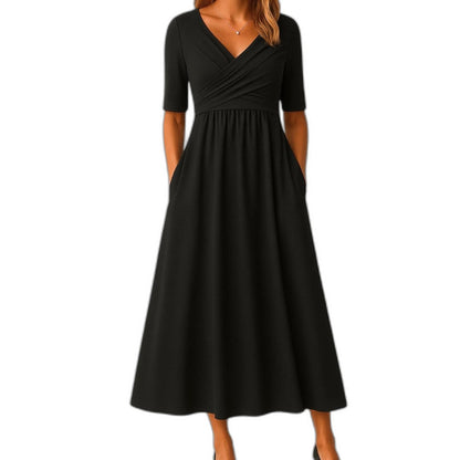 Effortless Grey Knit Midi Dress for Women with Pockets V Neck Short Sleeve Fit And Flare Empire Waist Casual Style