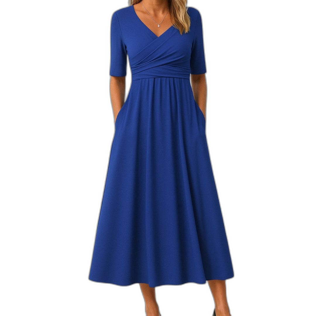 Effortless Grey Knit Midi Dress for Women with Pockets V Neck Short Sleeve Fit And Flare Empire Waist Casual Style