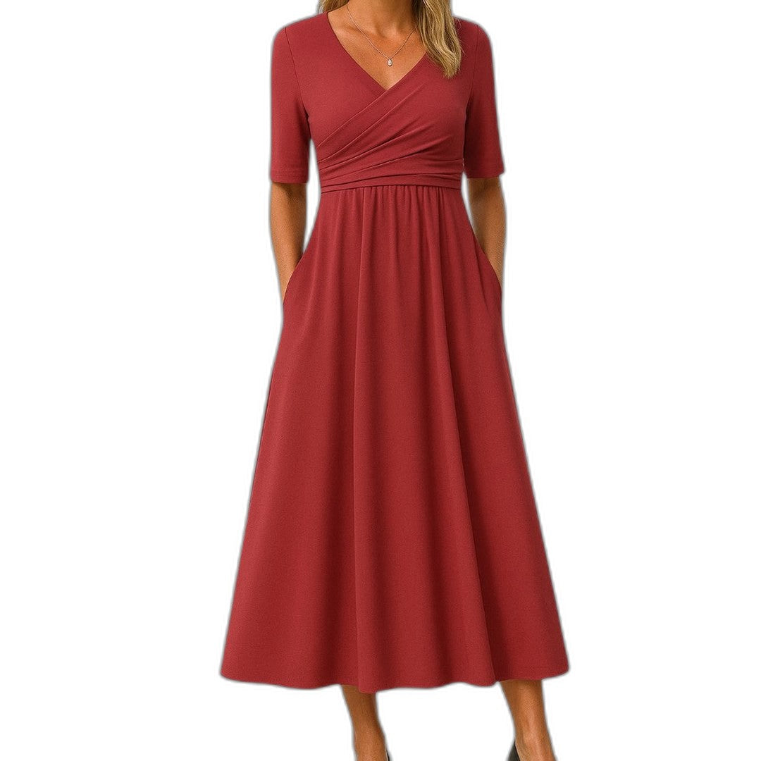 Effortless Grey Knit Midi Dress for Women with Pockets V Neck Short Sleeve Fit And Flare Empire Waist Casual Style