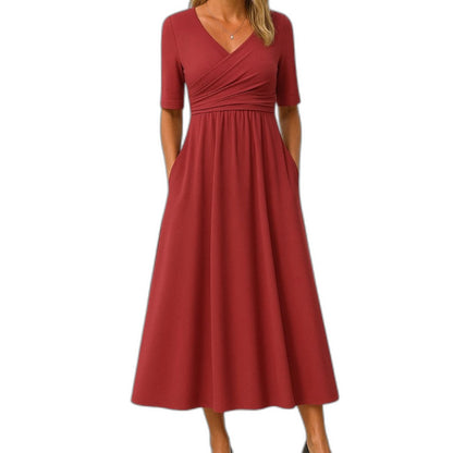Effortless Grey Knit Midi Dress for Women with Pockets V Neck Short Sleeve Fit And Flare Empire Waist Casual Style