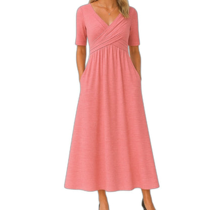 Effortless Grey Knit Midi Dress for Women with Pockets V Neck Short Sleeve Fit And Flare Empire Waist Casual Style