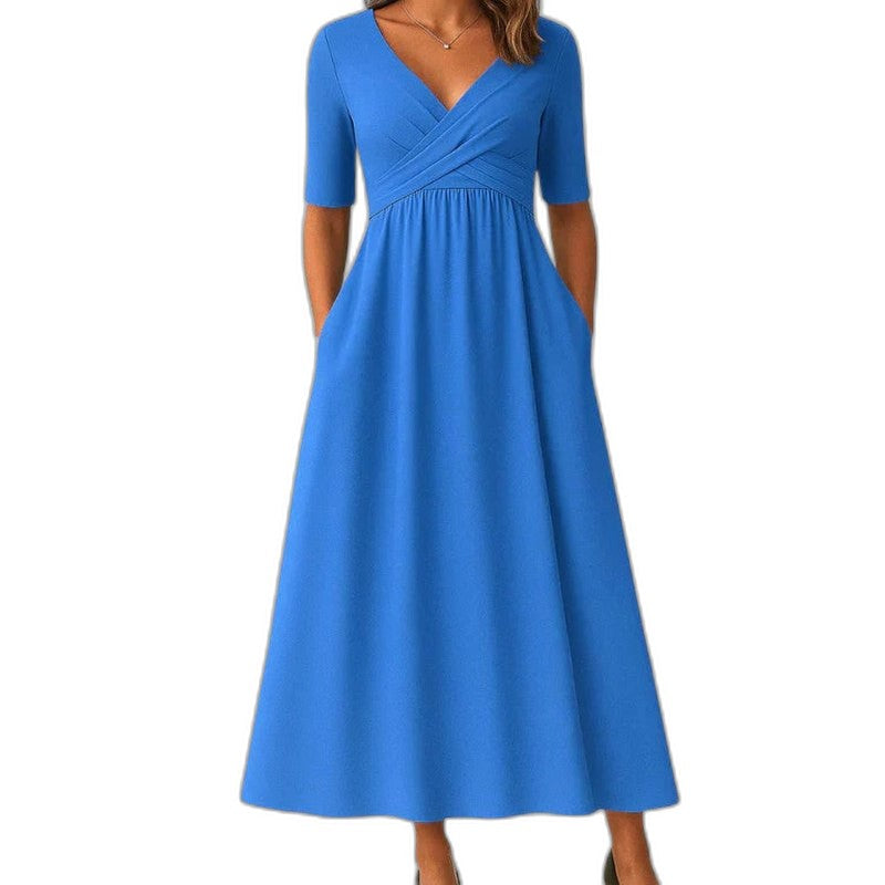 Effortless Grey Knit Midi Dress for Women with Pockets V Neck Short Sleeve Fit And Flare Empire Waist Casual Style