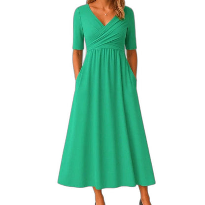 Effortless Grey Knit Midi Dress for Women with Pockets V Neck Short Sleeve Fit And Flare Empire Waist Casual Style