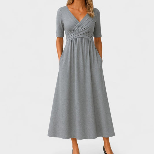 Effortless Grey Knit Midi Dress for Women with V Neck Short Sleeve Fit And Flare Empire Waist Casual Style