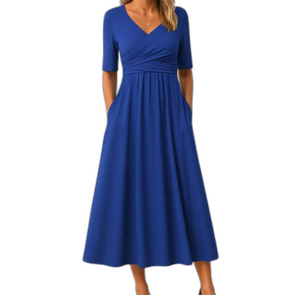 Effortless Grey Knit Midi Dress for Women with V Neck Short Sleeve Fit And Flare Empire Waist Casual Style