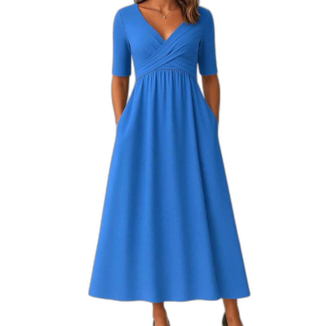 Effortless Grey Knit Midi Dress for Women with V Neck Short Sleeve Fit And Flare Empire Waist Casual Style