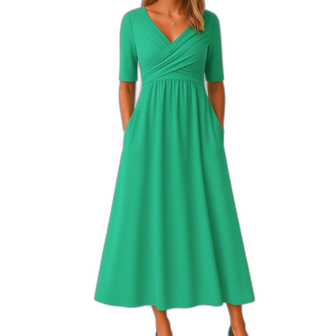 Effortless Grey Knit Midi Dress for Women with V Neck Short Sleeve Fit And Flare Empire Waist Casual Style