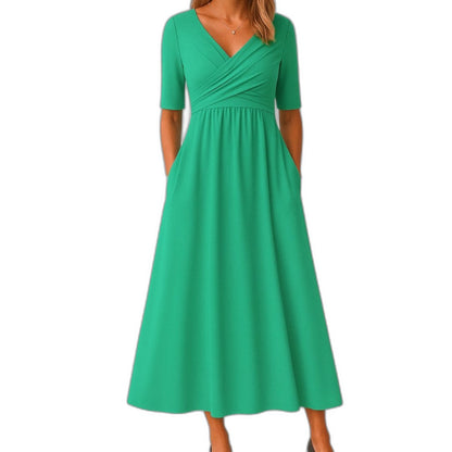 Effortless Grey Knit Midi Dress for Women with V Neck Short Sleeve Fit And Flare Empire Waist Casual Style