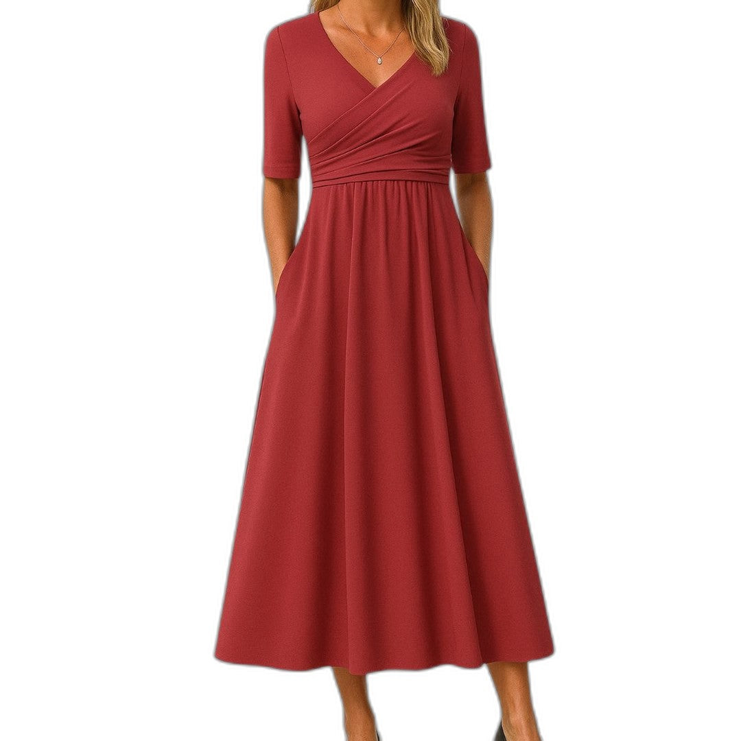 Effortless Grey Knit Midi Dress for Women with V Neck Short Sleeve Fit And Flare Empire Waist Casual Style