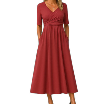 Effortless Grey Knit Midi Dress for Women with V Neck Short Sleeve Fit And Flare Empire Waist Casual Style