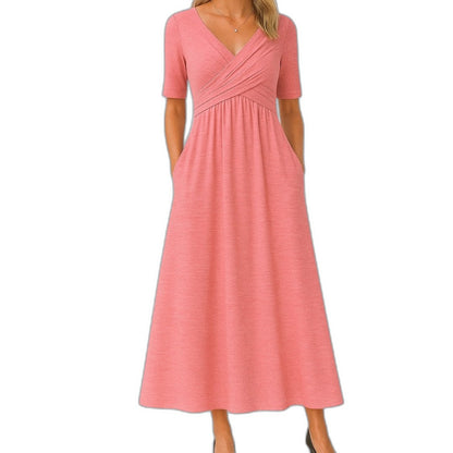 Effortless Grey Knit Midi Dress for Women with V Neck Short Sleeve Fit And Flare Empire Waist Casual Style