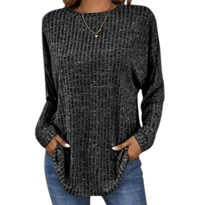 Effortless Grey Knit Sweater for Women with Crew Neck Long Sleeve Flowing Pockets Casual Style