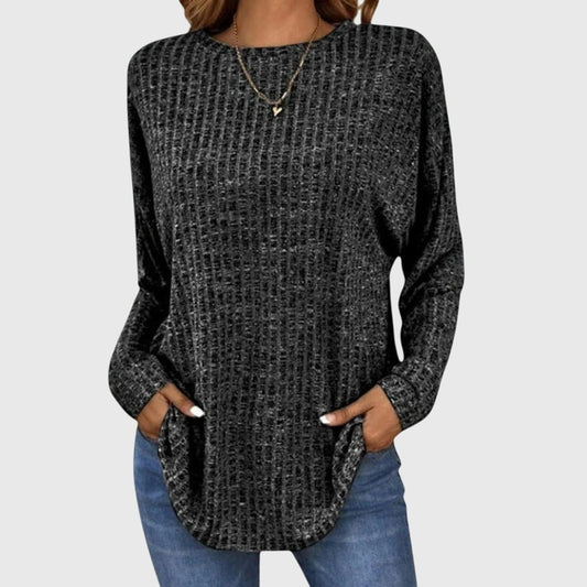 Effortless Grey Knit Sweater for Women with Crew Neck Long Sleeve Flowing Pockets Casual Style