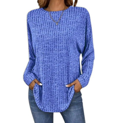Effortless Grey Knit Sweater for Women with Crew Neck Long Sleeve Flowing Pockets Casual Style