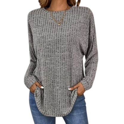 Effortless Grey Knit Sweater for Women with Crew Neck Long Sleeve Flowing Pockets Casual Style