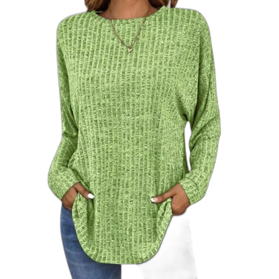 Effortless Grey Knit Sweater for Women with Crew Neck Long Sleeve Flowing Pockets Casual Style