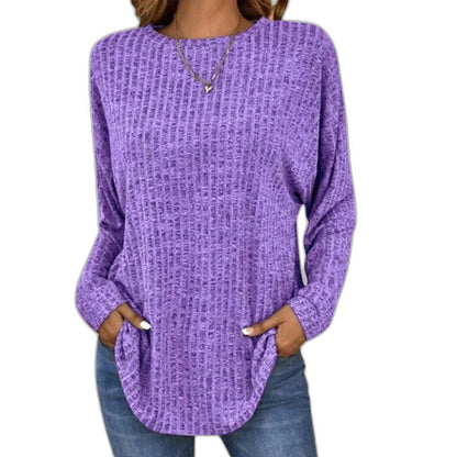 Effortless Grey Knit Sweater for Women with Crew Neck Long Sleeve Flowing Pockets Casual Style